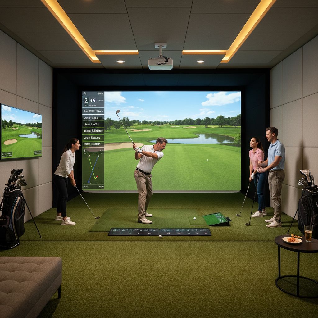 People playing on indoor golf simulators at The Approach in Montville, NJ