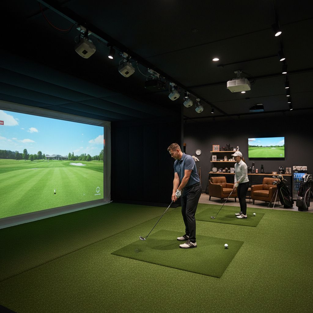 Indoor golf simulator displaying advanced simulation technology.