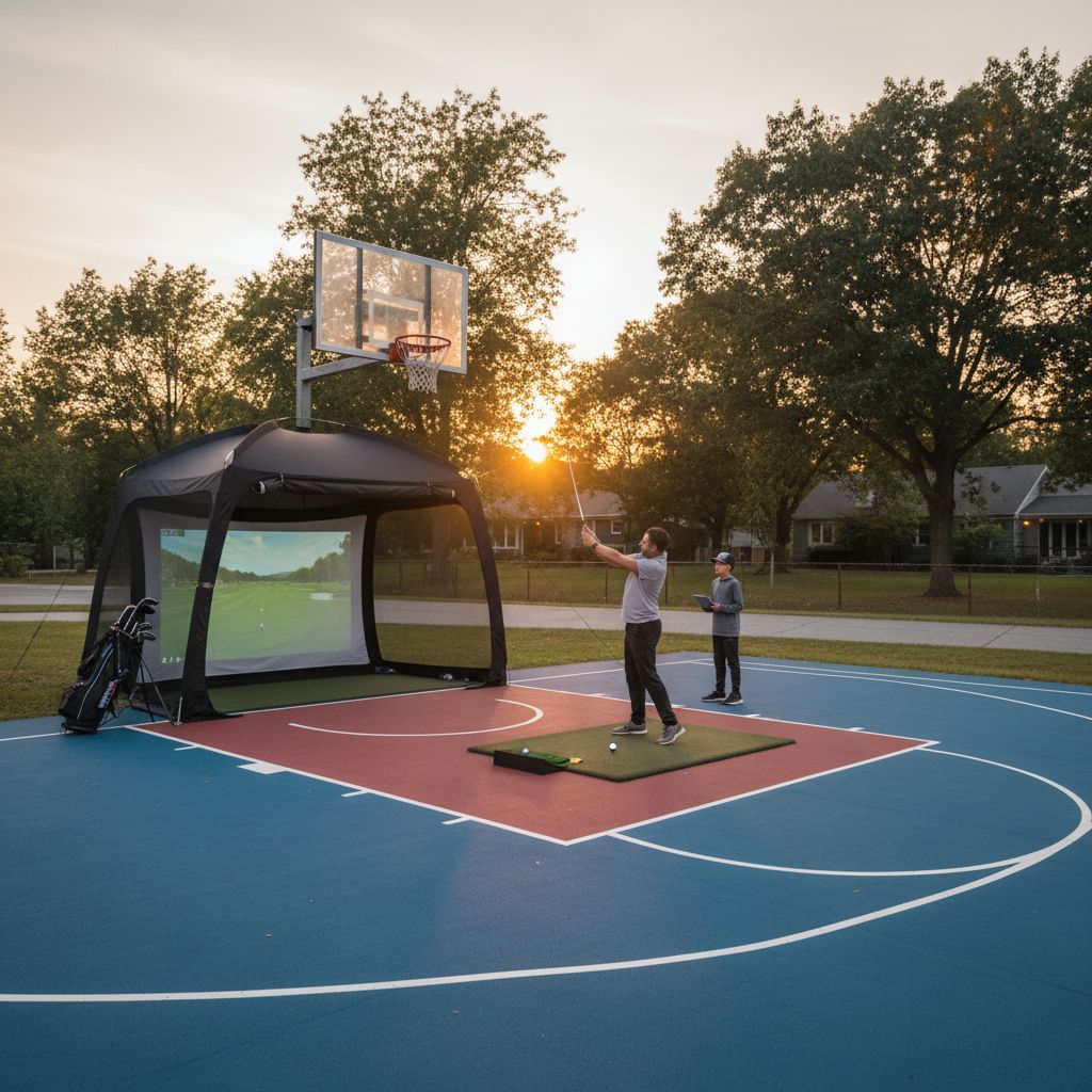 LeBron James sitting on a basketball bench with a golf simulator.
