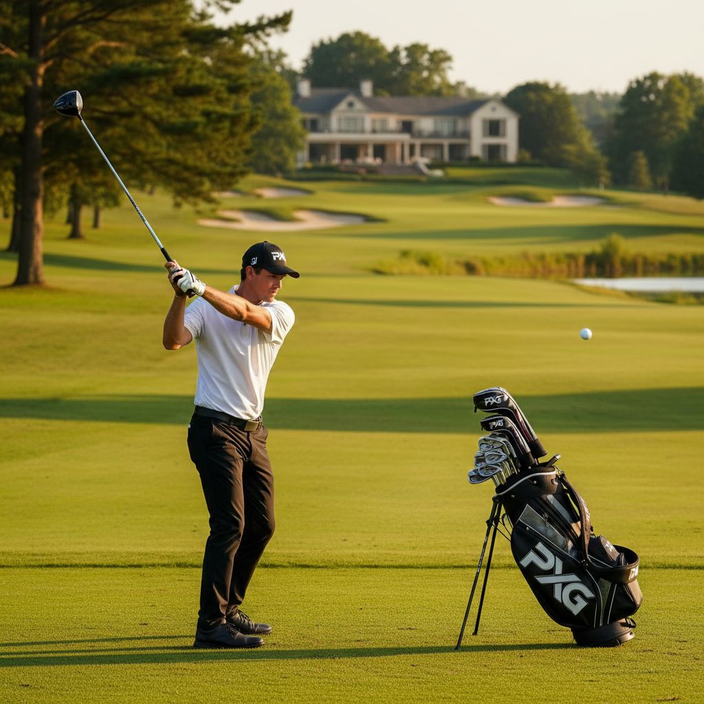 Marco Penge showcasing his new PXG golf clubs at the Farmers Insurance Open.