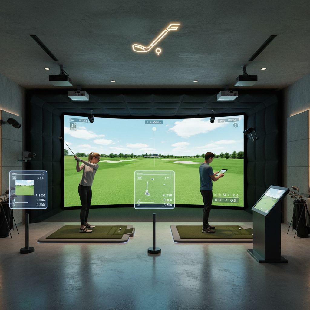 Interactive golf simulator displaying a golfer in action indoors