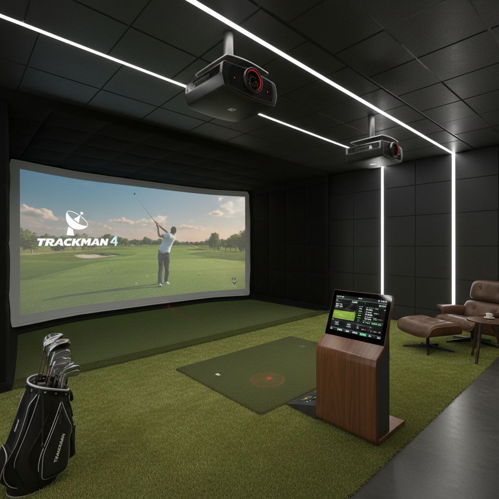 Golf simulator setup featuring PLATFORM Golf and Trackman technology
