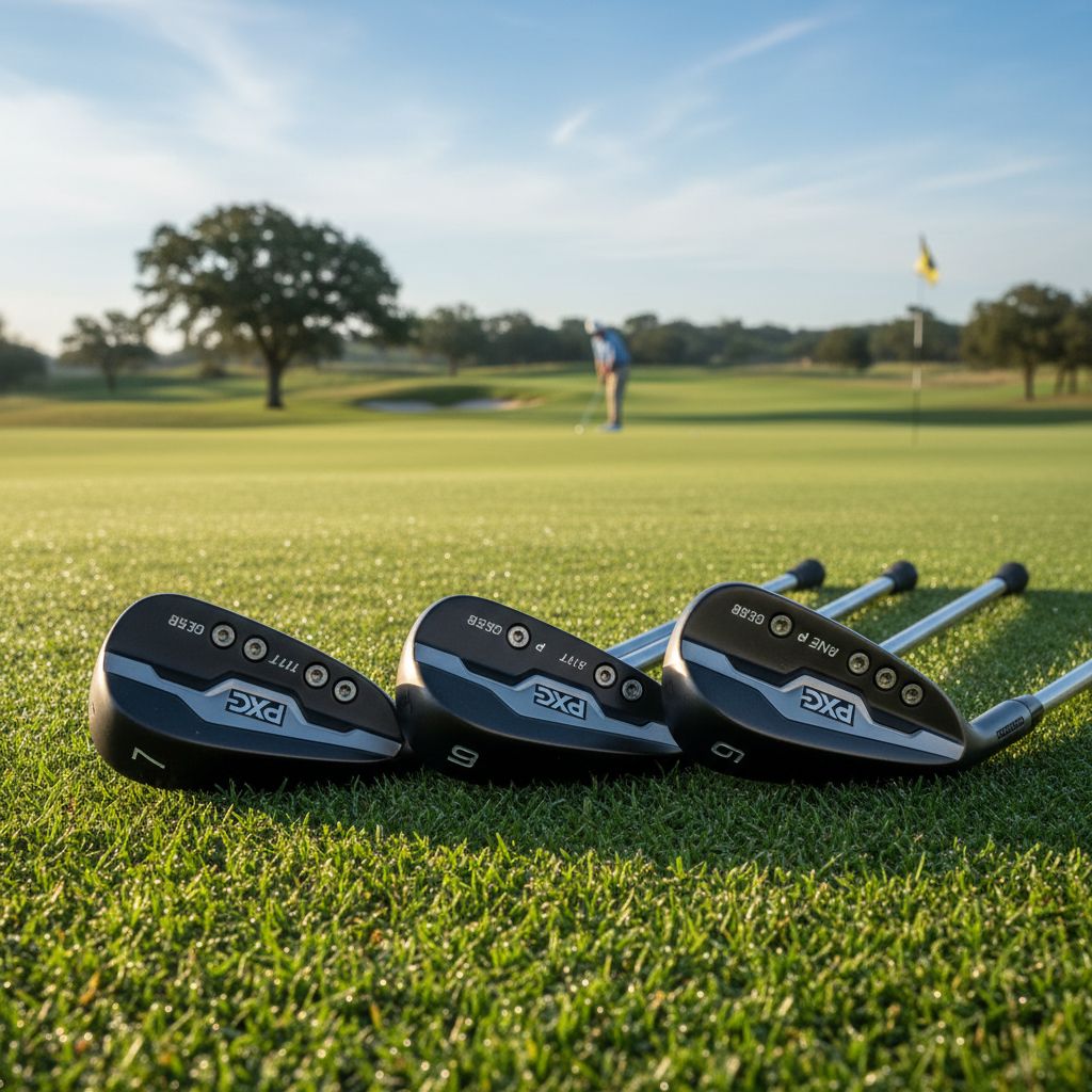 Showing the new PXG 0311 P GEN8 irons on a golf course