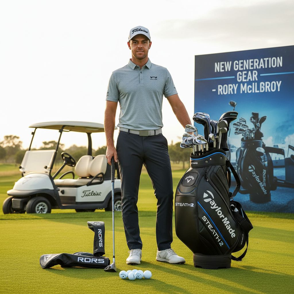 Rory McIlroy holding new golf clubs for 2026 season