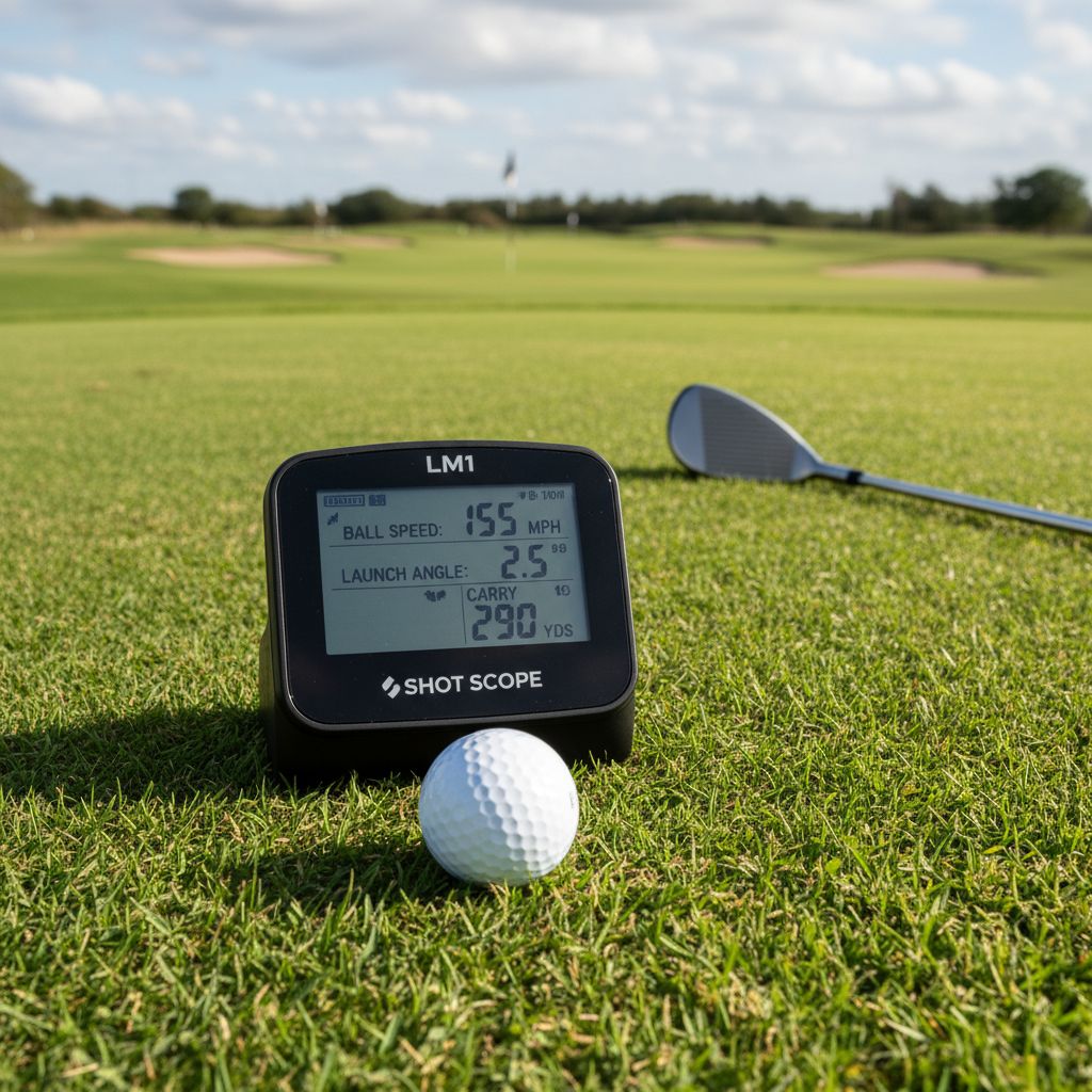 Shot Scope LM1 launch monitor displayed on a golf course