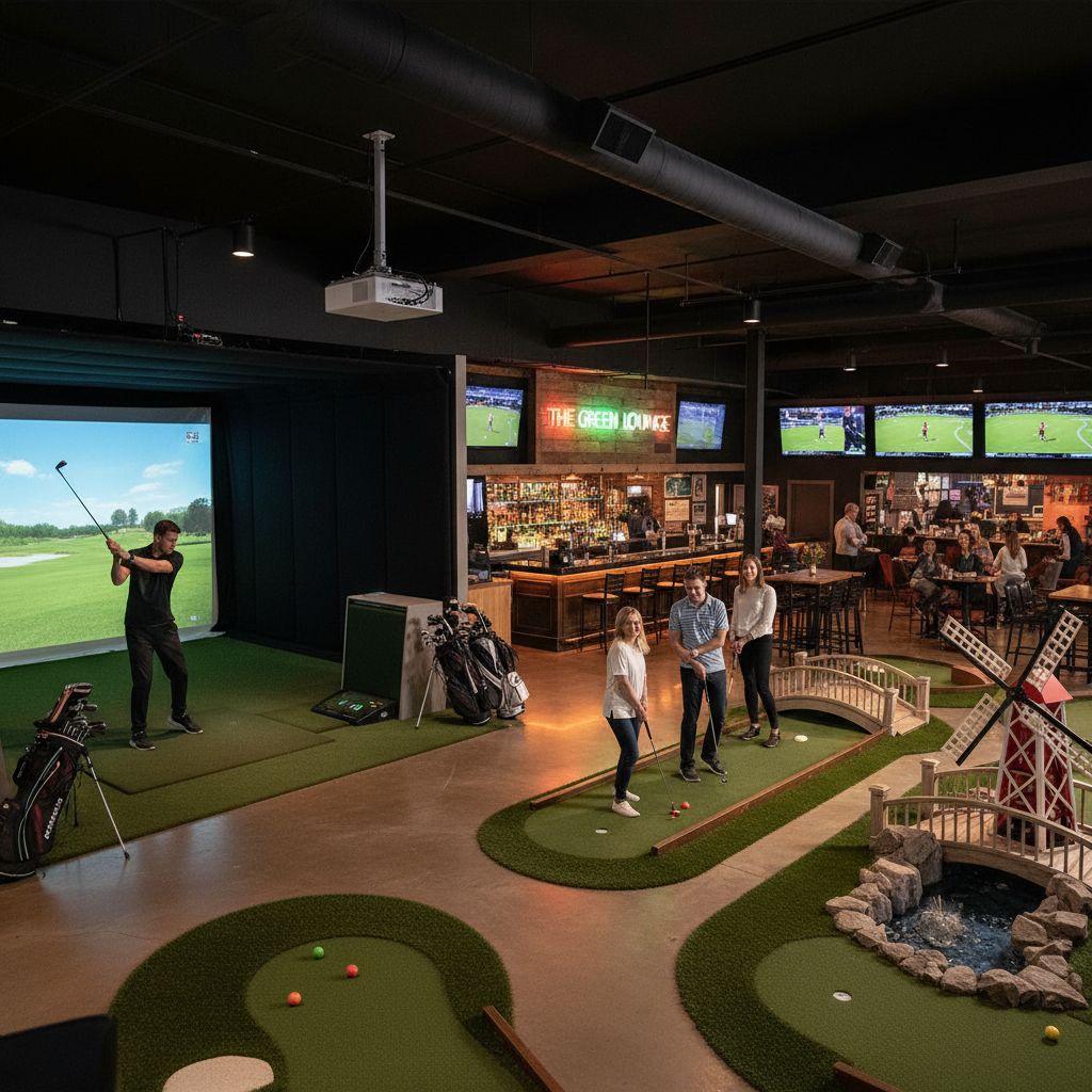 Interior view of Tap In sports bar with golf simulators