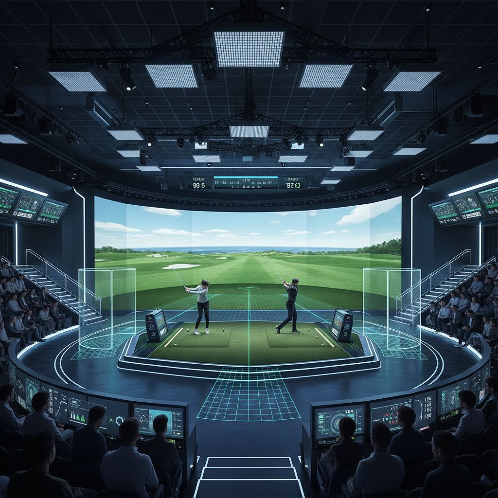 Indoor golf match at TGL arena featuring high-tech simulators.