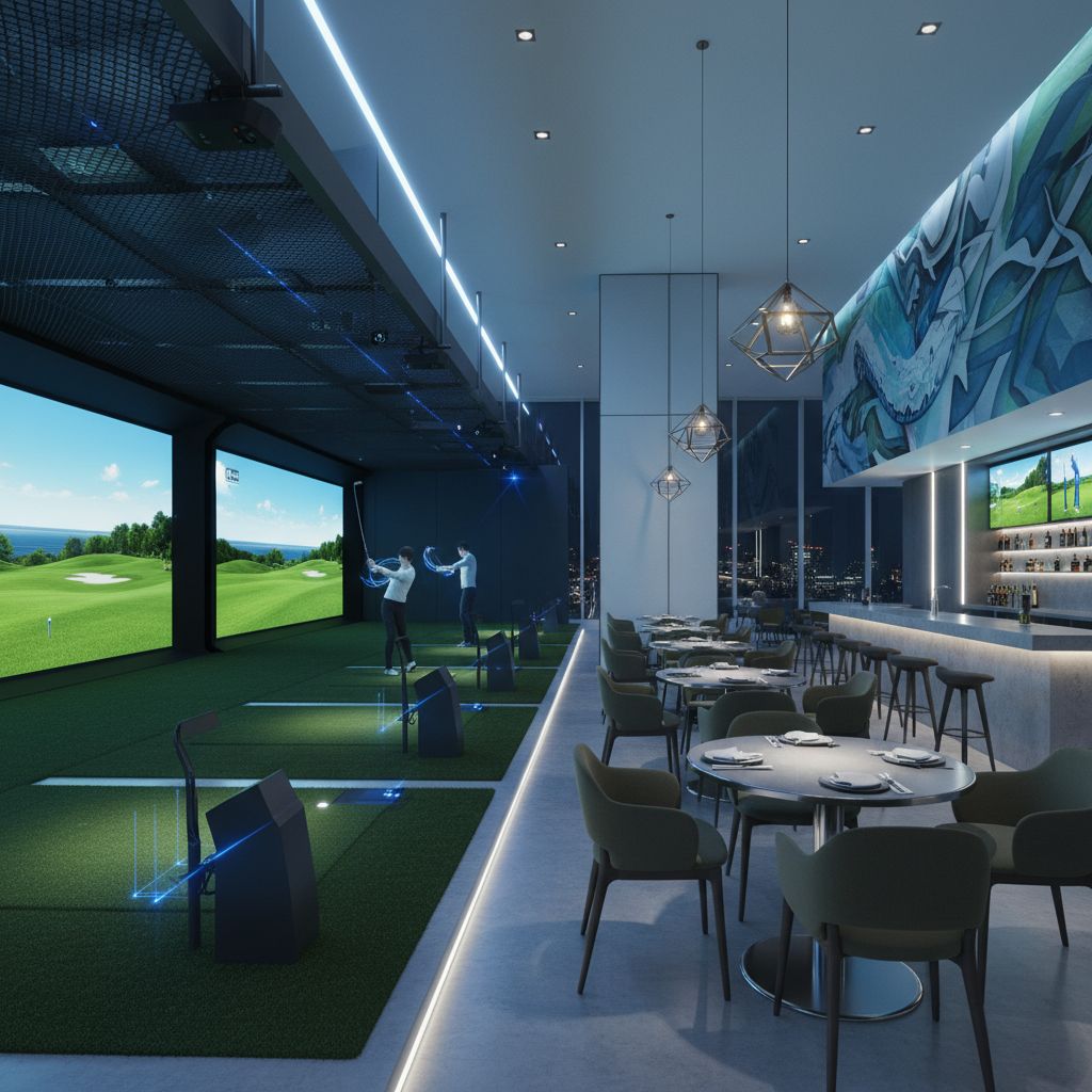 Interior view of The Clubhouse showcasing golf simulators and dining space