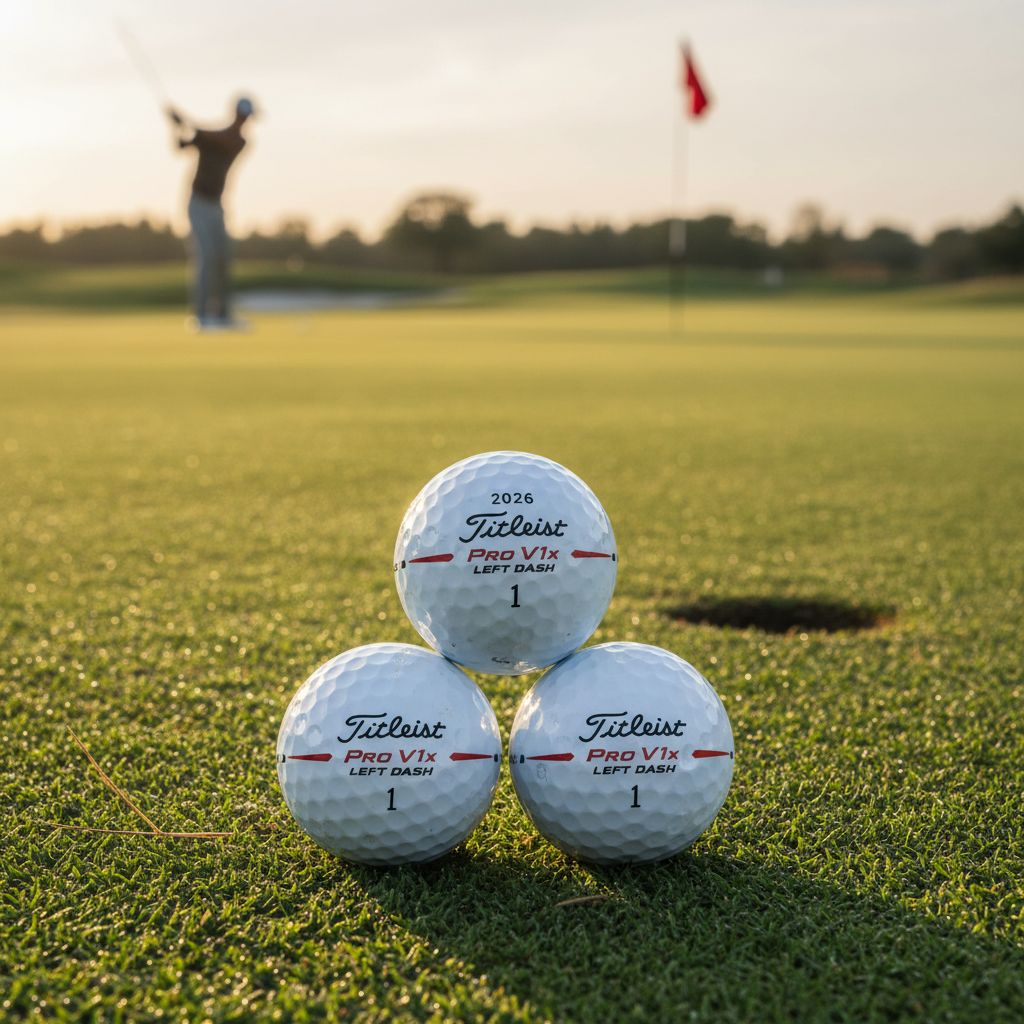 Titleist Pro V1x Left Dash golf balls displayed on a golf tee