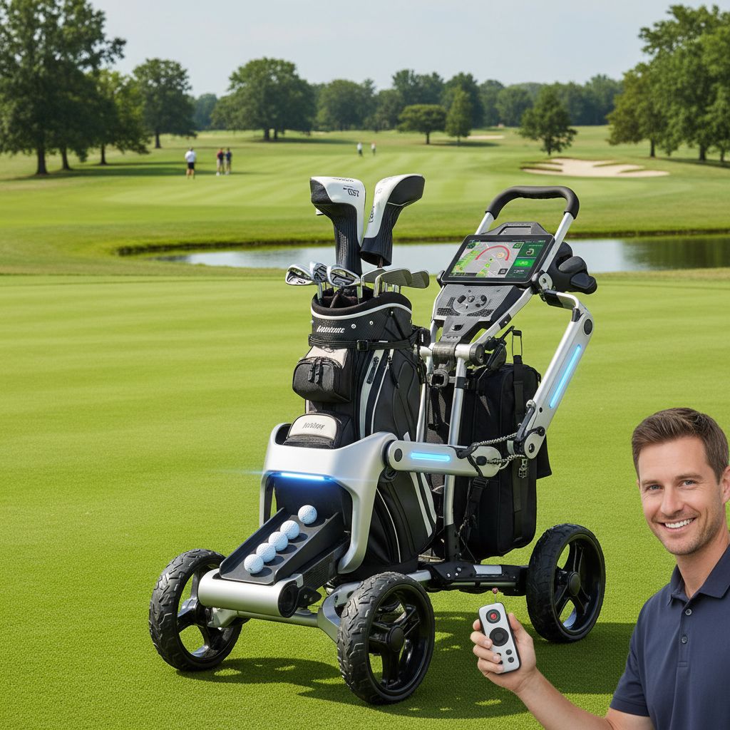 Remote control golf trolley in action on the golf course