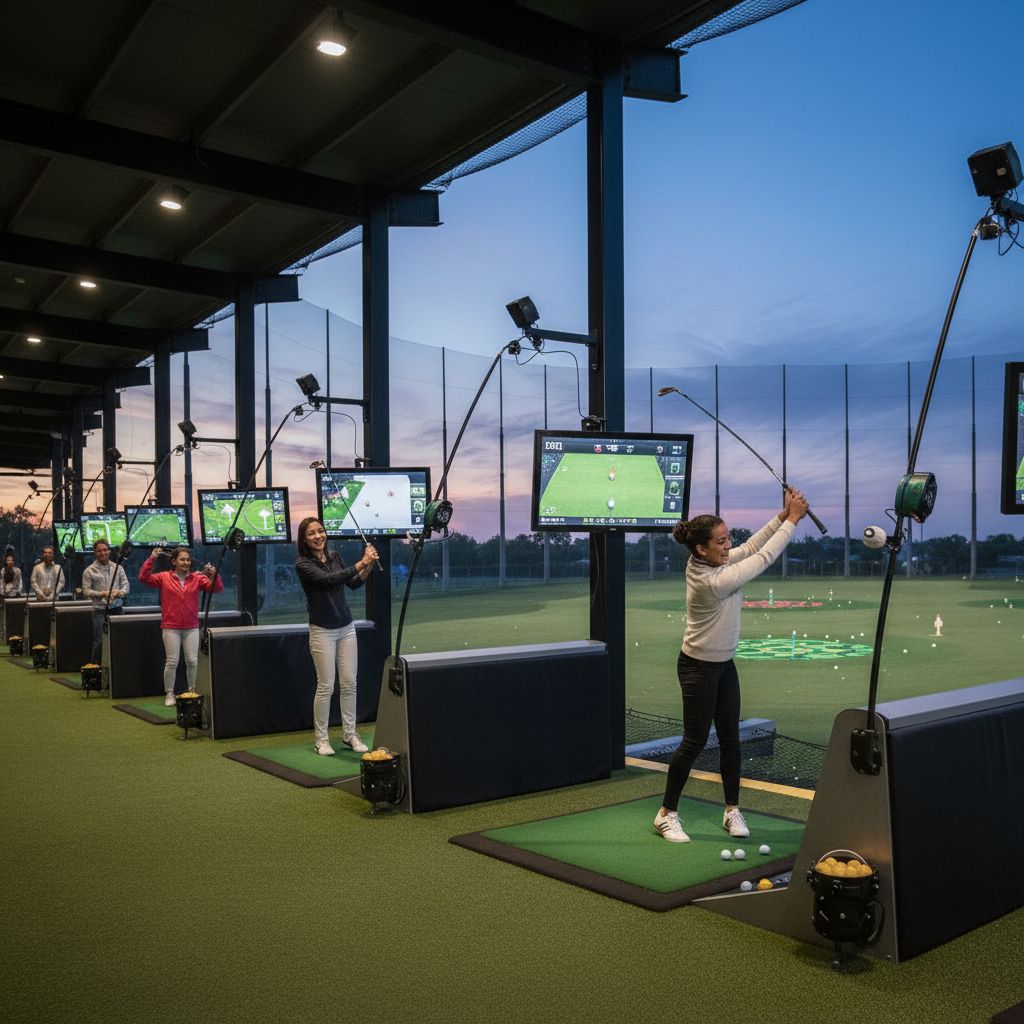 Entertainment complex at Topgolf Abu Dhabi with golf bays