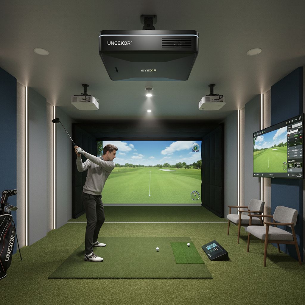 Uneekor EYEXR launch monitor during use in a golf simulator