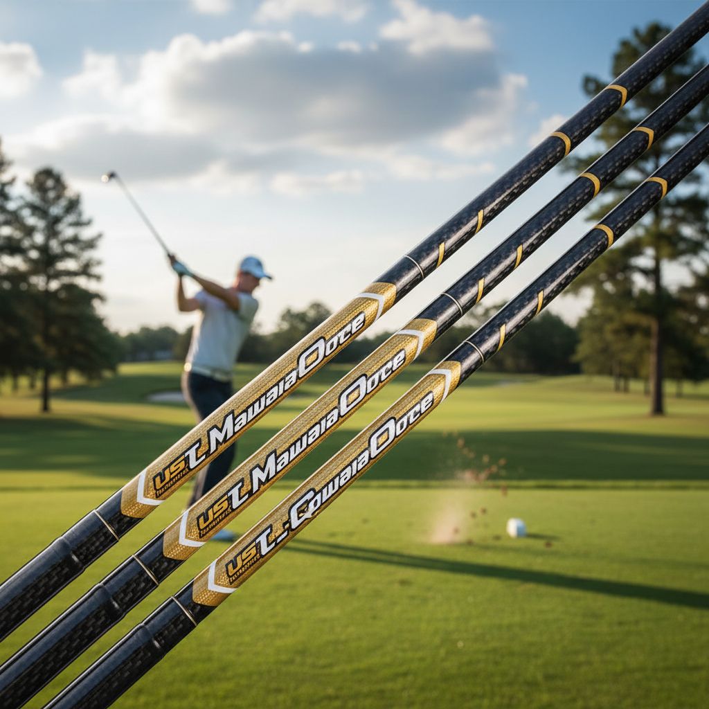 UST Mamiya Lin-Q PowerCore golf shafts displayed in a golf setting