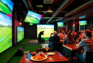 Interior of a bar with golf simulators and patrons engaging