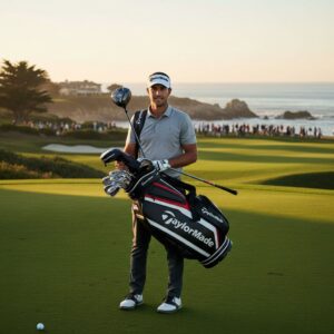 Collin Morikawa celebrating his victory at Pebble Beach Pro-Am with TaylorMade equipment