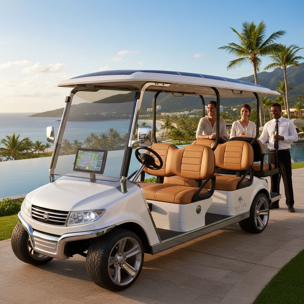 An electric golf cart used in a hospitality environment with a scenic background.