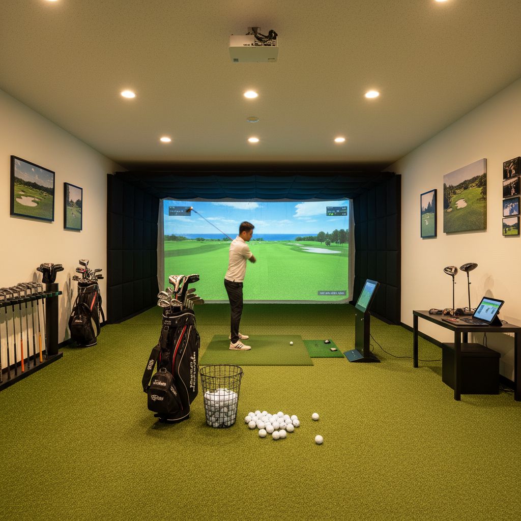 Indoor golf simulator at GolfCave in Flemington