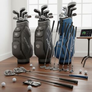 A wide array of modern golf equipment displayed in a store