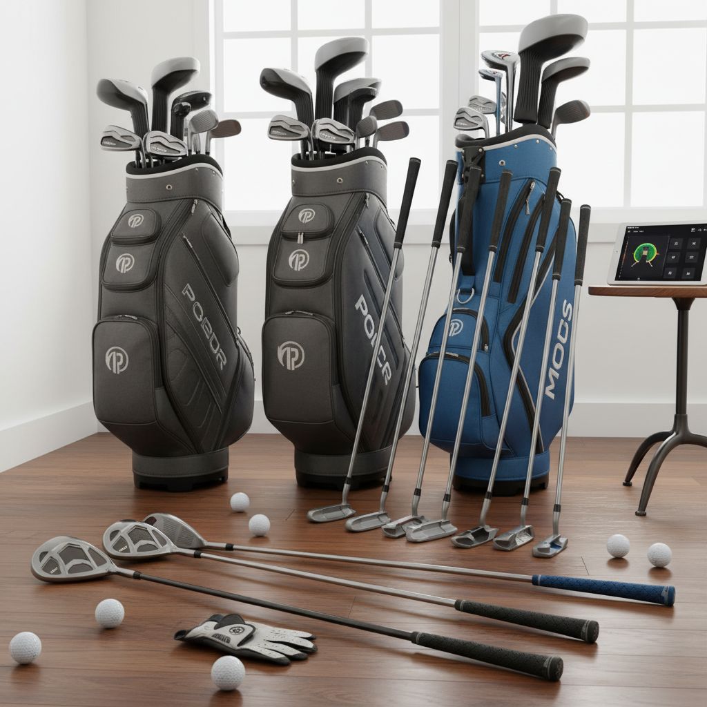A wide array of modern golf equipment displayed in a store
