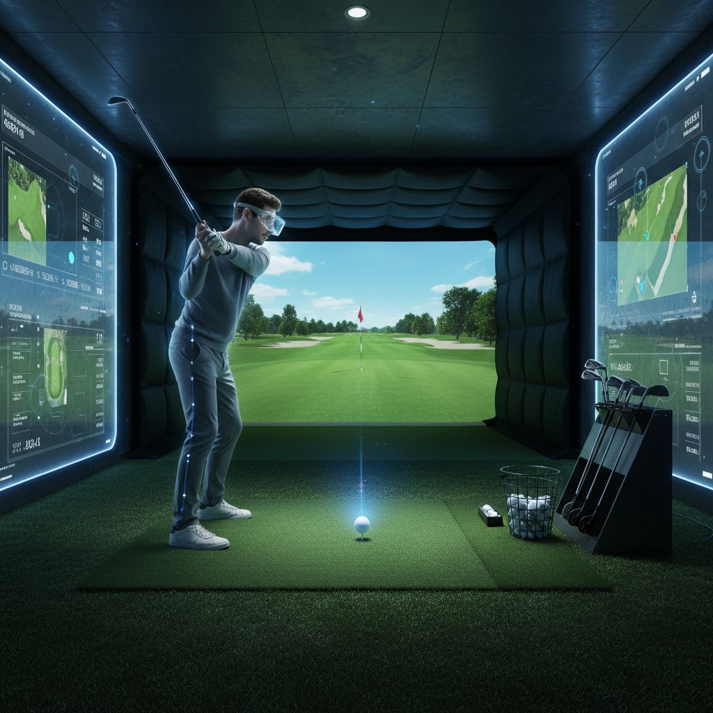 GOLF+ mixed reality golf simulator showcasing a player using real golf equipment