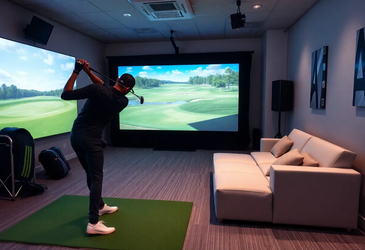 A golfer using a golf simulator indoors