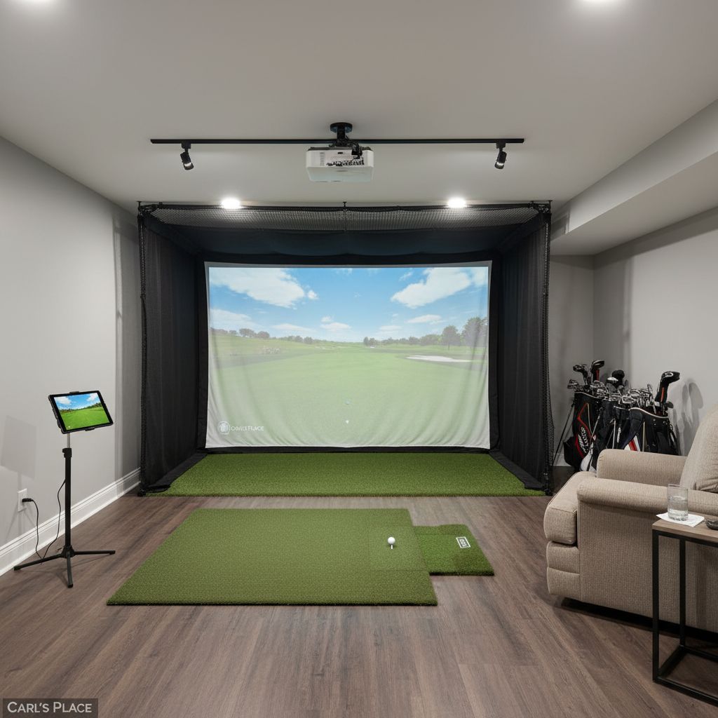 A complete home golf simulator setup featuring a Carls Place enclosure