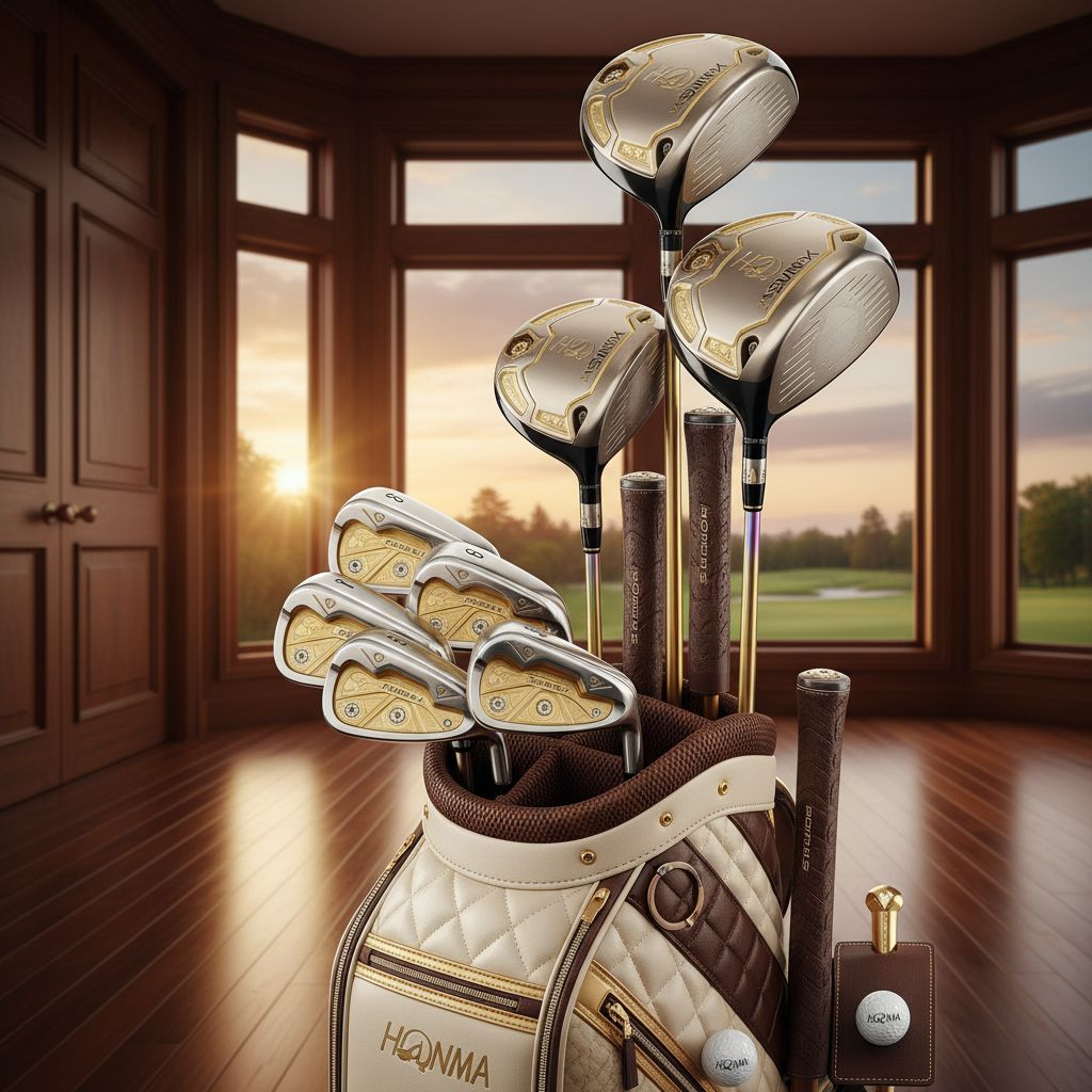 A luxurious set of Honma Beres 10 golf clubs displayed elegantly