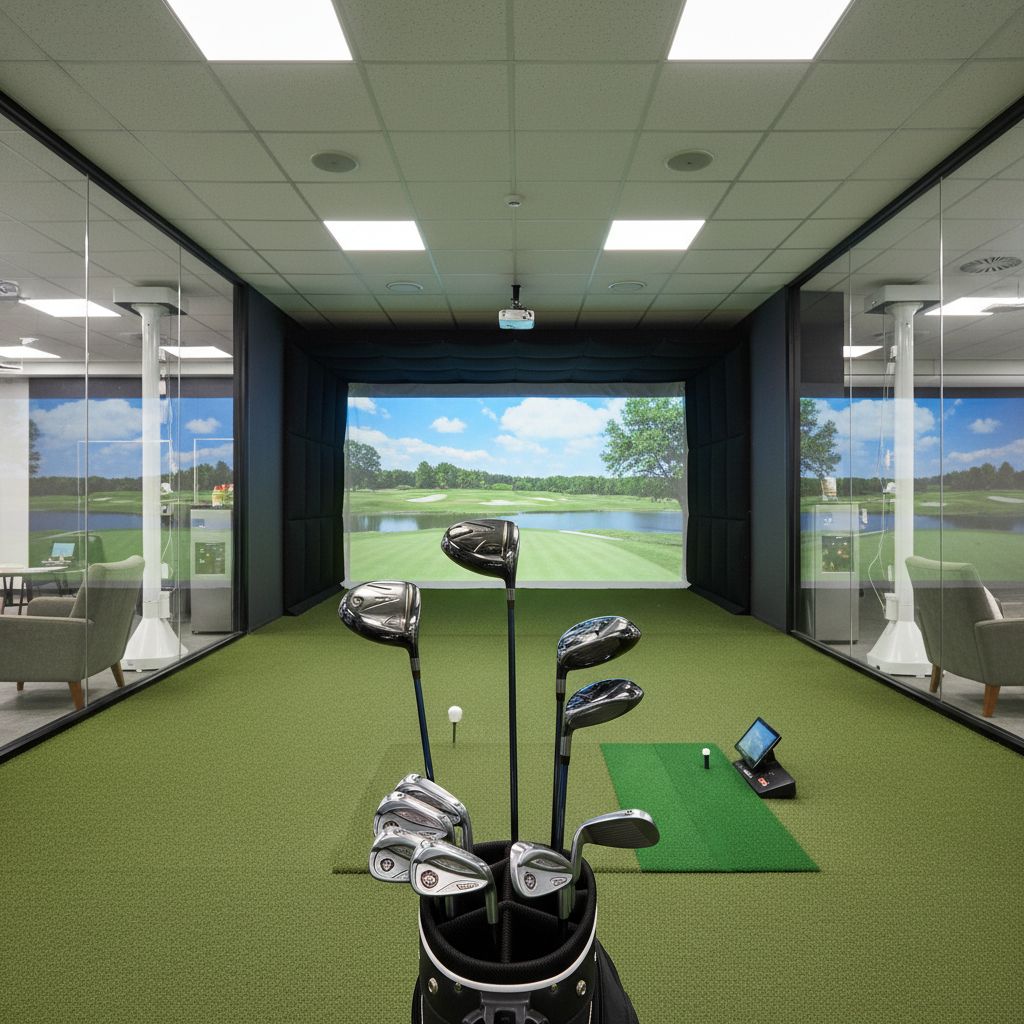 Inside view of Megalodome Golf featuring golf clubs and a full-sized indoor course