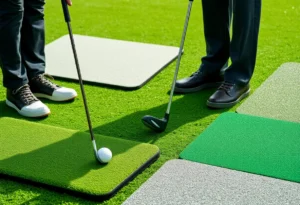 A golfer practicing on different putting mats