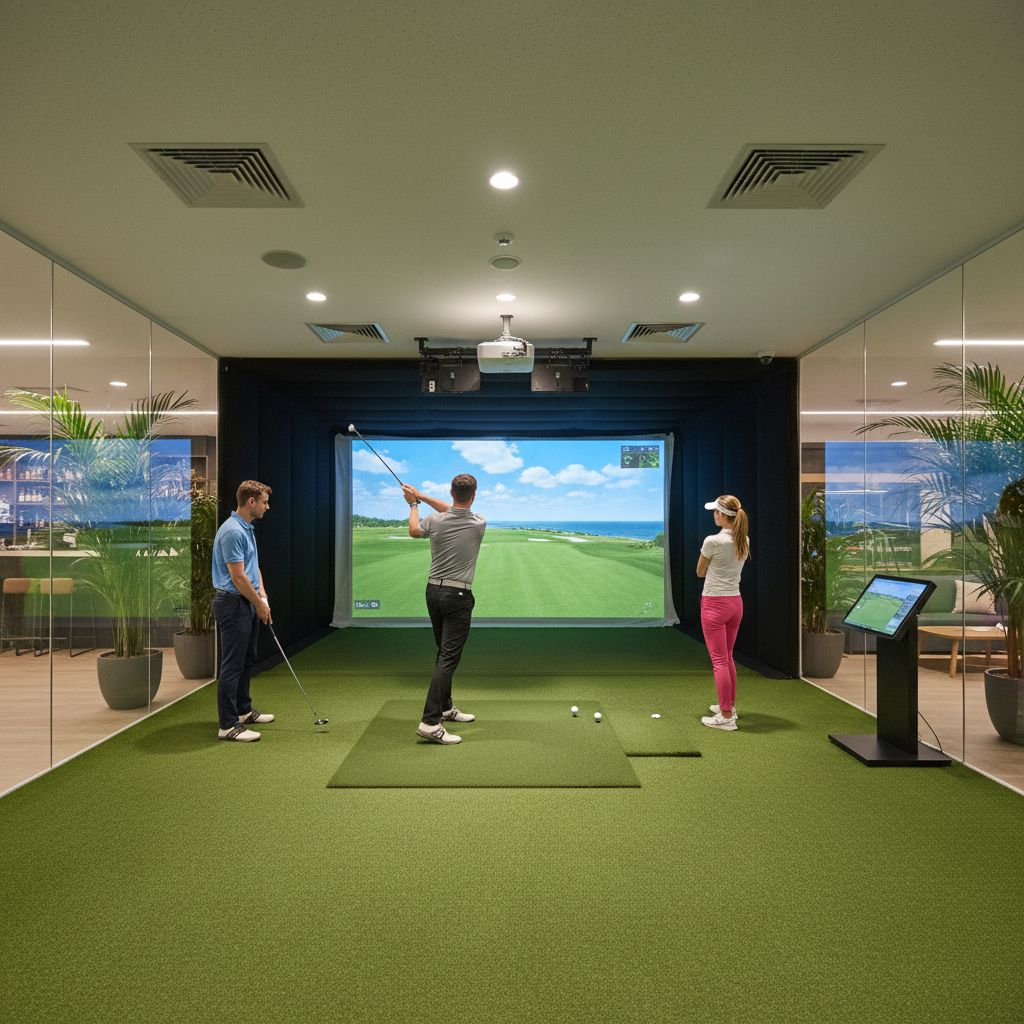 Indoor golf simulator at Relentless Golf in Smethport