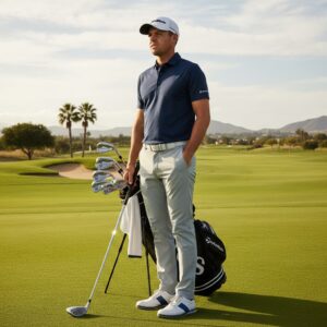 Professional golfer Rory McIlroy holding his Rors Proto blade irons on a golf course.