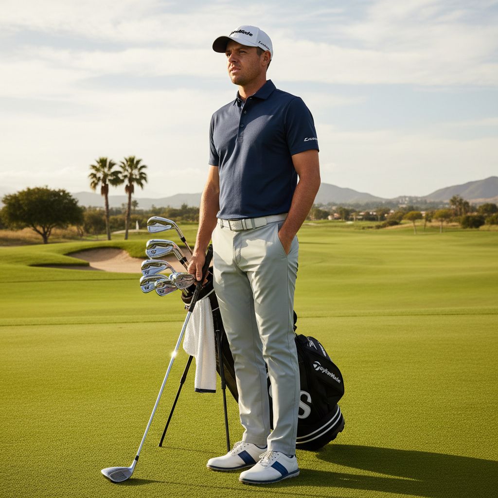 Professional golfer Rory McIlroy holding his Rors Proto blade irons on a golf course.