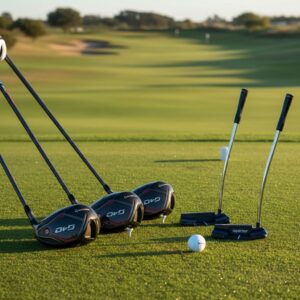 TaylorMade Qi4D drivers and Spider putters displayed on a golf course