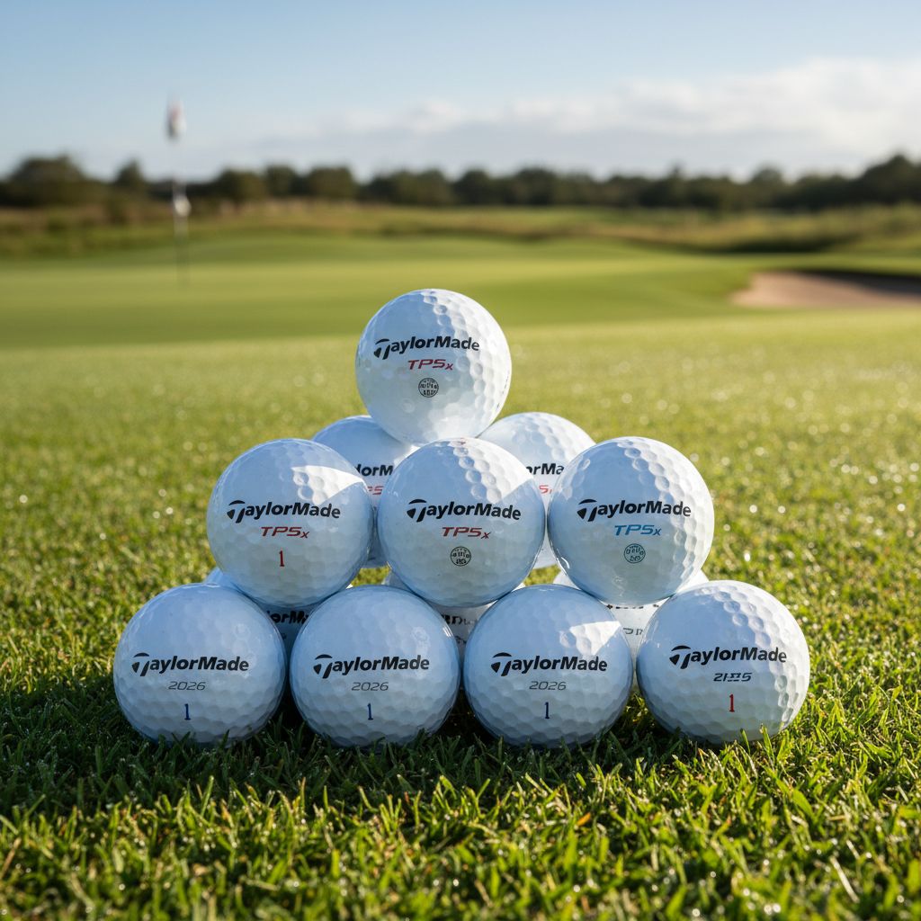 2026 TaylorMade TP5 and TP5x golf balls on a tee.