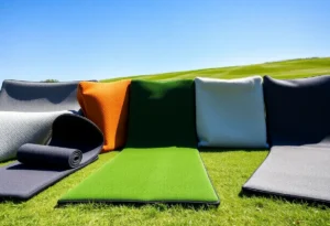 Various golf mats suitable for simulators presented on grass.