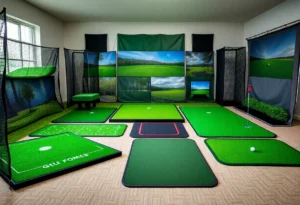 Various indoor golf mats for chipping and driving practice presented in a home setting.