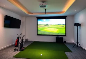 Golf simulator setup with a projector in a modern room