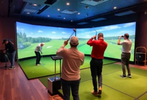 Players enjoying golf simulators in a modern venue