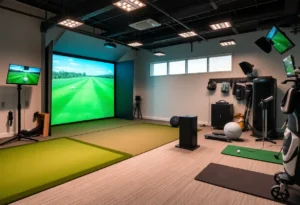 Indoor golf setup featuring essential accessories
