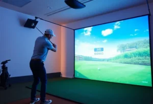 A golfer using a golf simulator indoors
