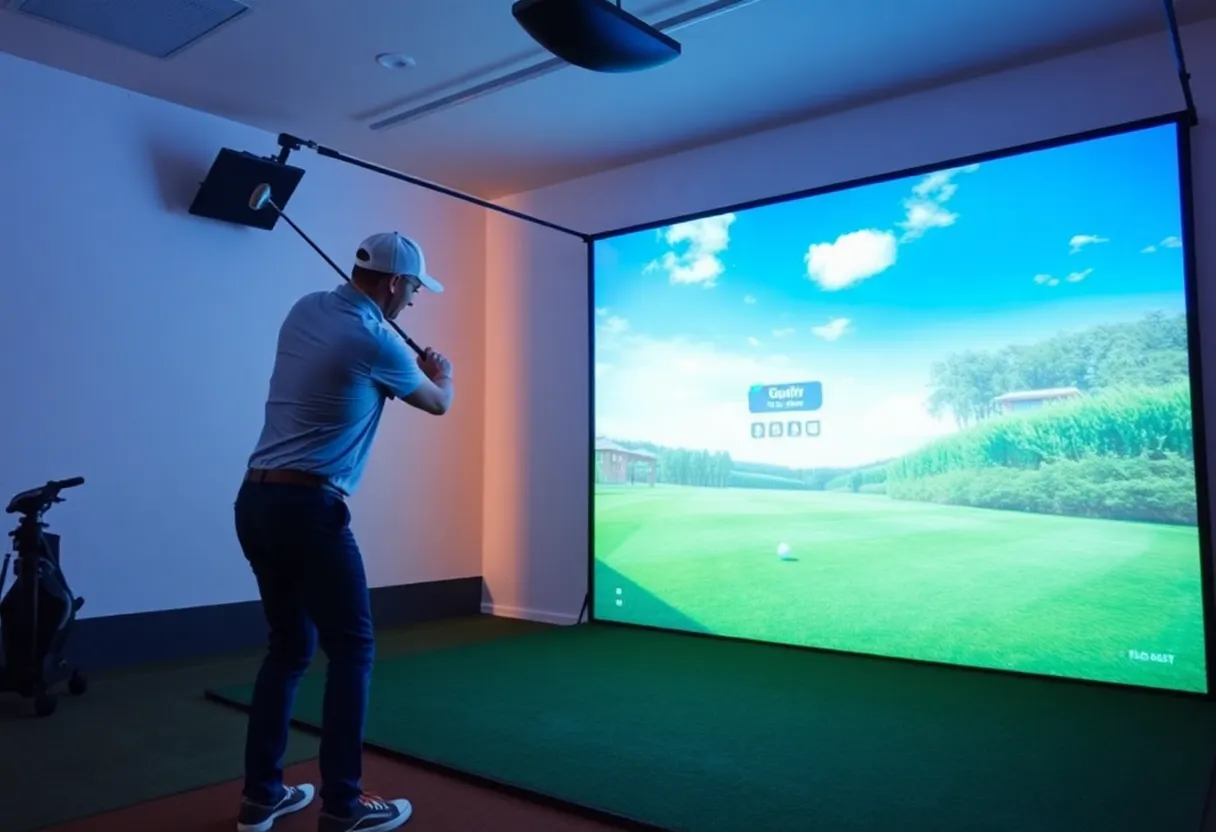 A golfer using a golf simulator indoors