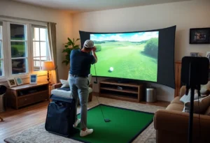 A golfer practicing with a portable golf simulator indoors.