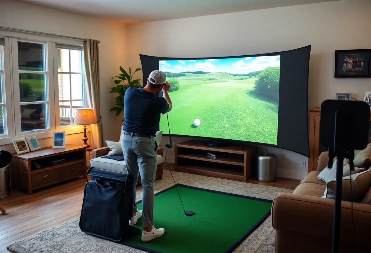 A golfer practicing with a portable golf simulator indoors.