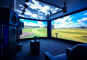 A modern golf simulator featuring a high-end audio system.