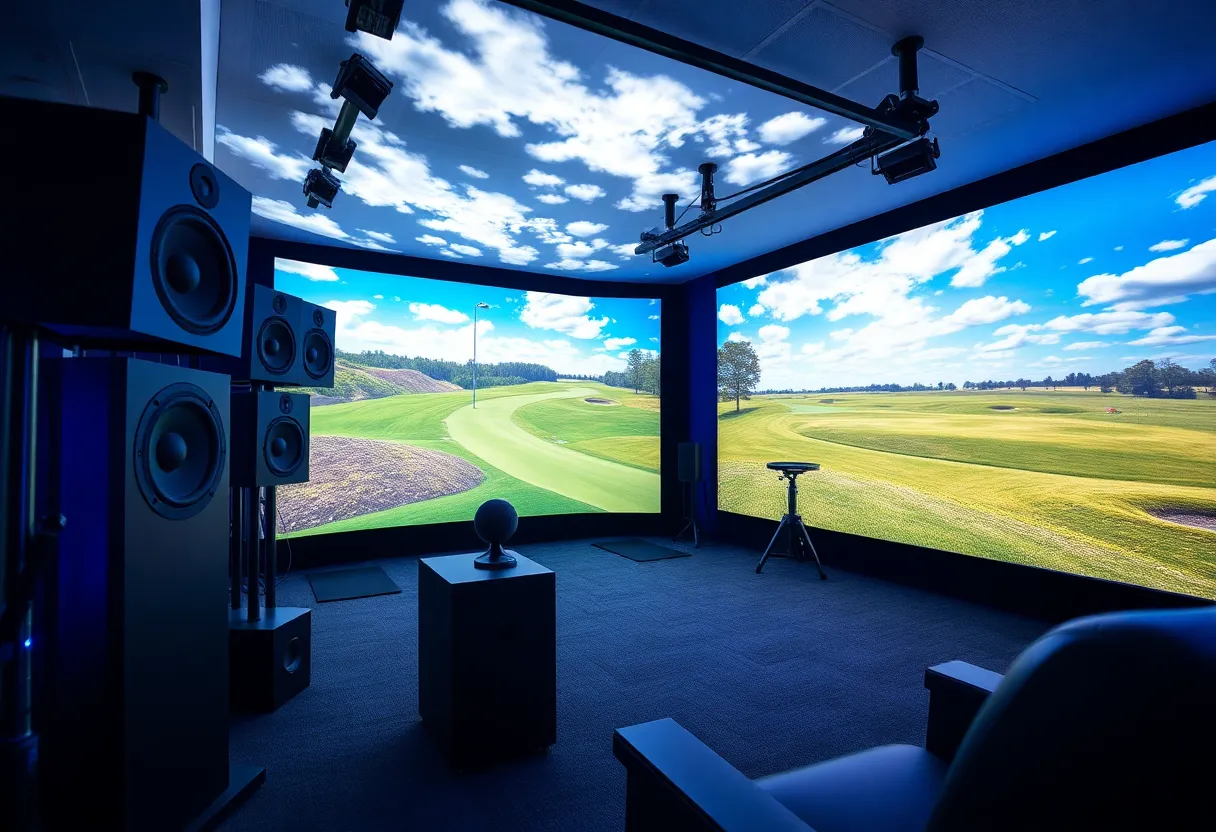 A modern golf simulator featuring a high-end audio system.