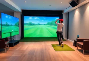 Indoor golf simulator with a golfer swinging in front of a digital course