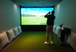 Indoor golf simulator showcasing safety padding for injury prevention.