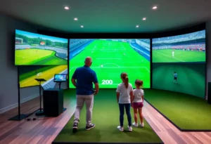 Family engaging with a multi-sport golf simulator, featuring various sports modes.